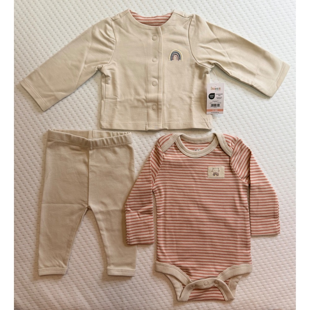 Bliss by Garanimals Baby 3pc Outfit Set Rose Dawn Rainbow Bear 0-3M NWT